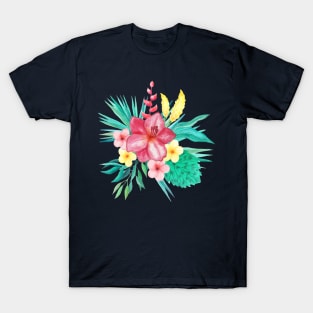 Tropical Flowers Floral Bouquet Red Yellow T-Shirt